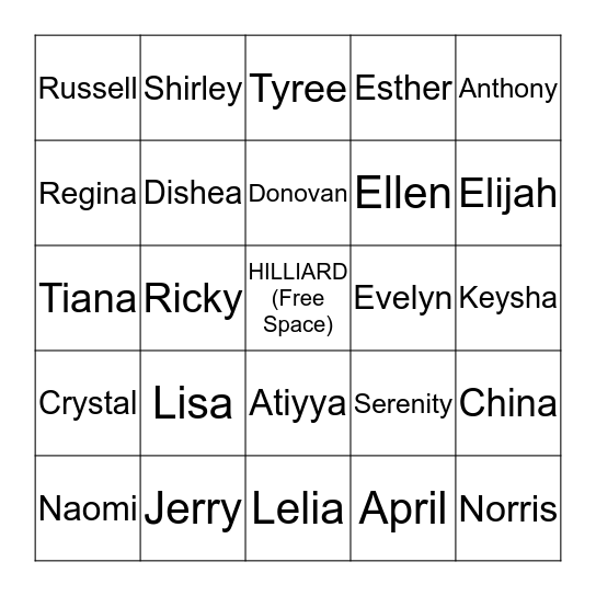 2013 HILLIARD FAMILY REUNION Bingo Card