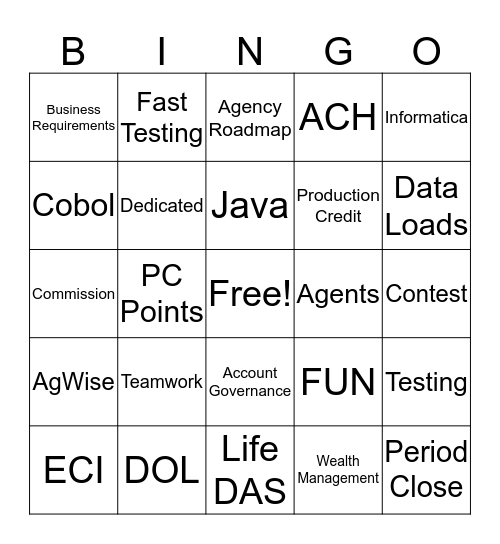 PIC Bingo Card