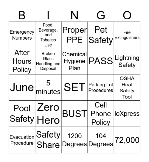 Safety Week Bingo Card