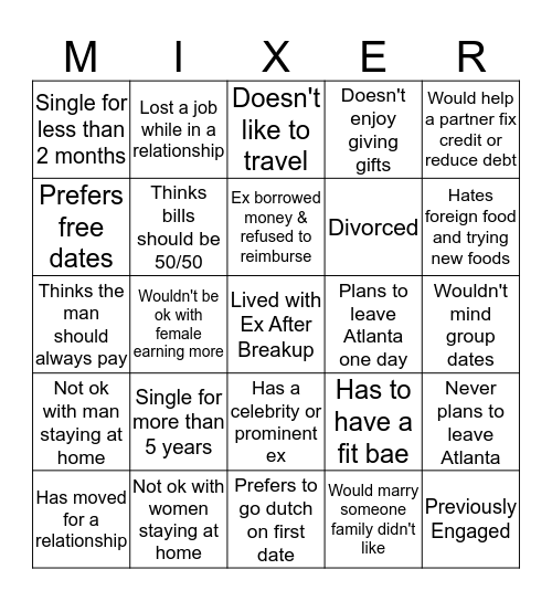 Mix and Mingle  Bingo Card