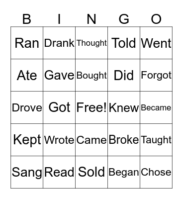 Irregular Verbs in Past Bingo Card