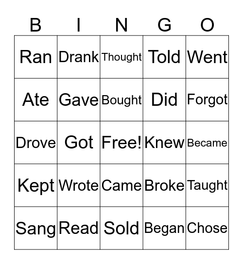 Irregular Verbs in Past Bingo Card