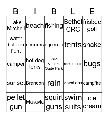BETHEL'S ANNUAL CAMPOUT Bingo Card