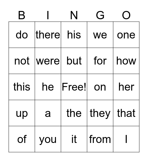 Star Word Bingo Card