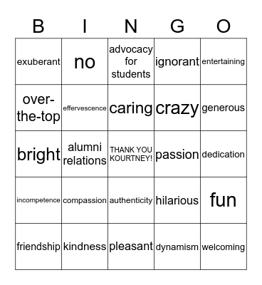 Kourtney Farewell Bingo Card