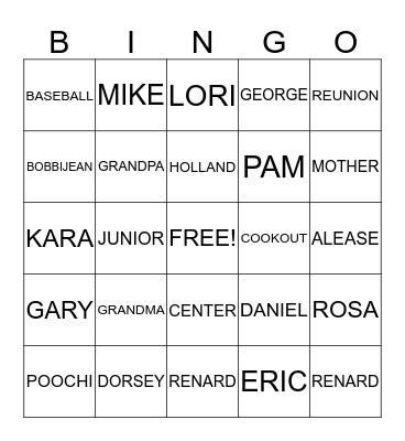 BAKER FAMILY REUNION 2013 Bingo Card