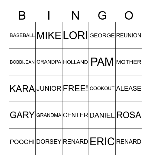 BAKER FAMILY REUNION 2013 Bingo Card