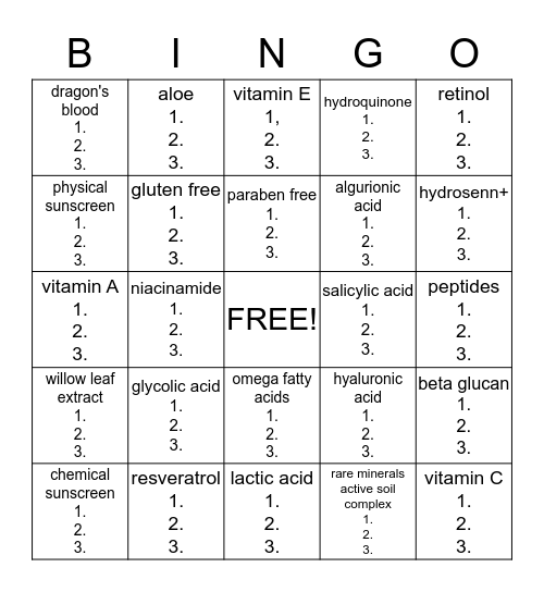 skincare ingredients Bingo Card