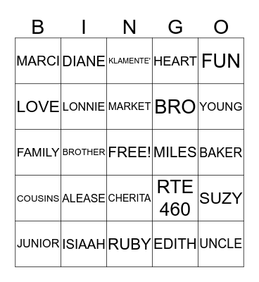 BAKER FAMILY REUNION 2013 Bingo Card