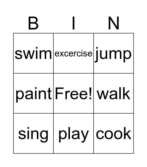 Action verbs Bingo Card