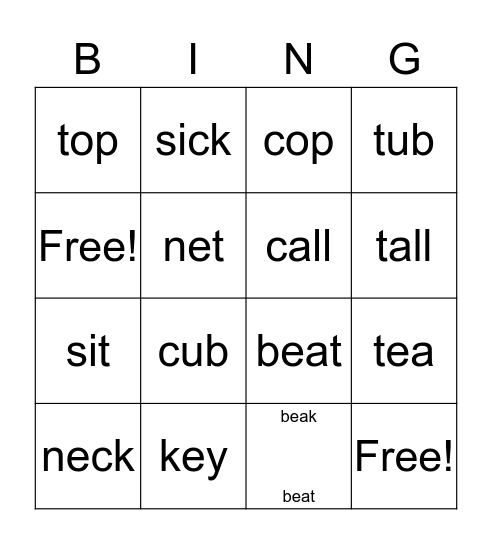 Fronting  K - T & D-G Bingo Card