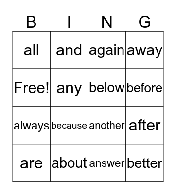 1st Grade Sight Words Bingo Card