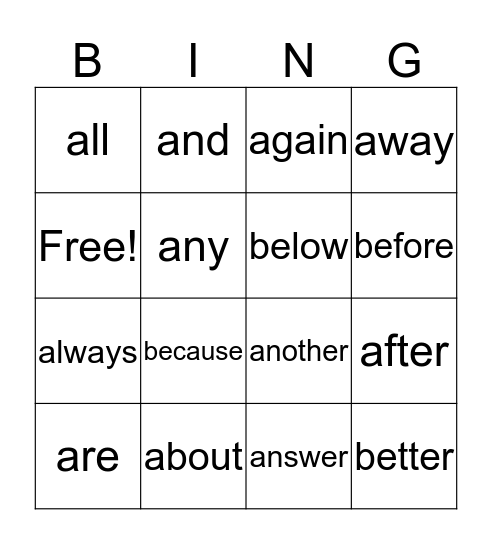1st Grade Sight Words Bingo Card