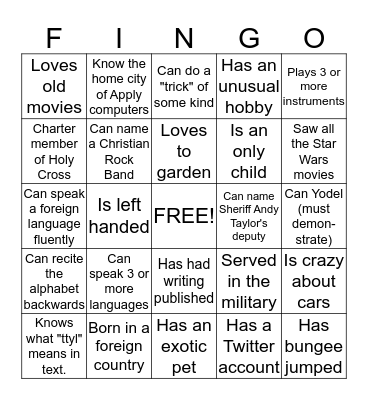 Friend-Finder Bingo Card