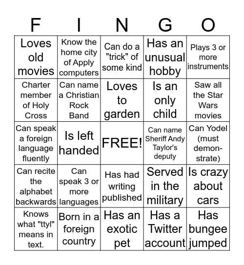 Friend-Finder Bingo Card