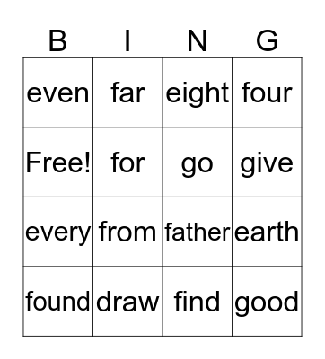 1st Grade Sight Words Bingo Card