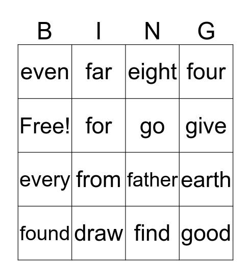 1st Grade Sight Words Bingo Card