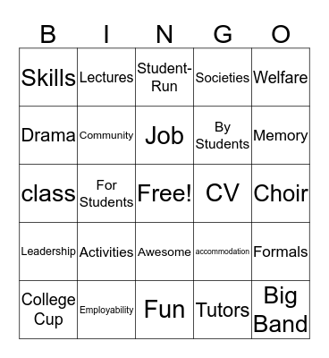 College Bingo Card
