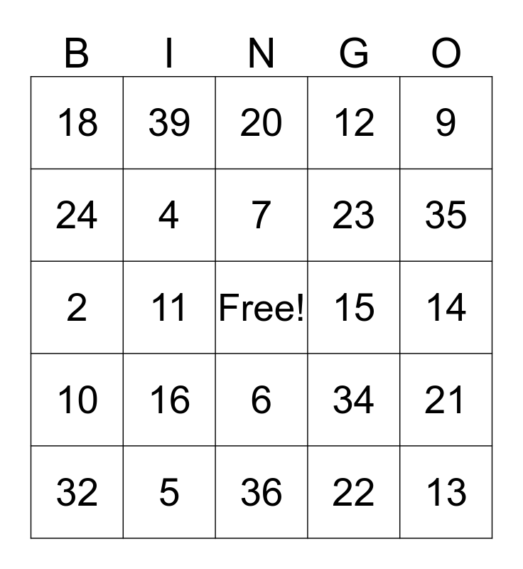 Numbers (140) Bingo Card