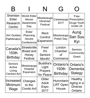 Senior's Social Bingo Card