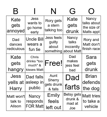 Tom's Wedding Bingo Card