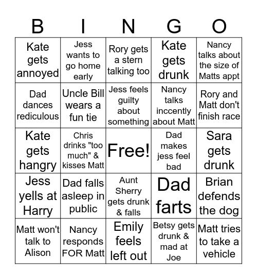 Tom's Wedding Bingo Card