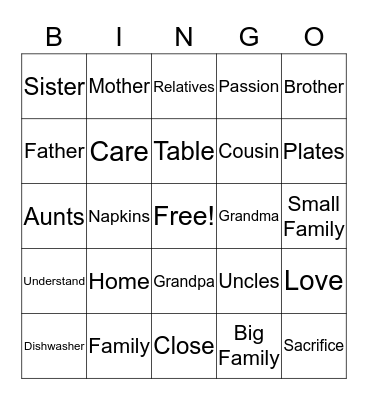 Homes and Families Bingo Card