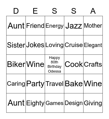 Odessa's Birthday Bingo Card