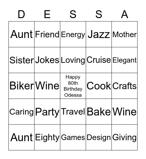Odessa's Birthday Bingo Card