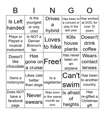 Each person you talk to may only sign your sheet once! Bingo Card