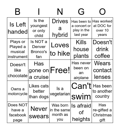 Each person you talk to may only sign your sheet once! Bingo Card