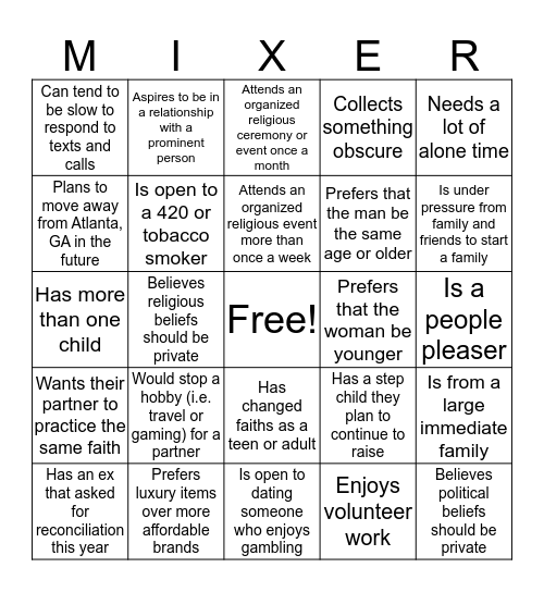 Mix and Mingle 1 Bingo Card