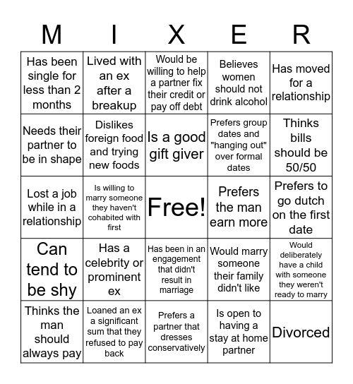 Mix and Mingle 2 Bingo Card