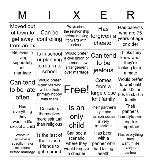 Mix and Mingle 4 Bingo Card