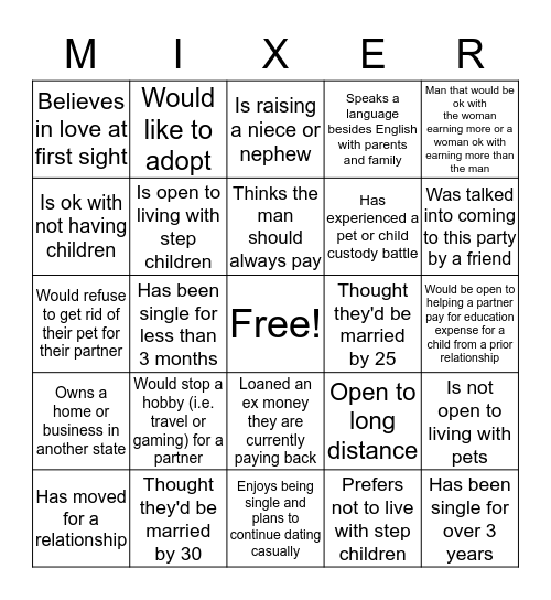 Mix and Mingle 5 Bingo Card