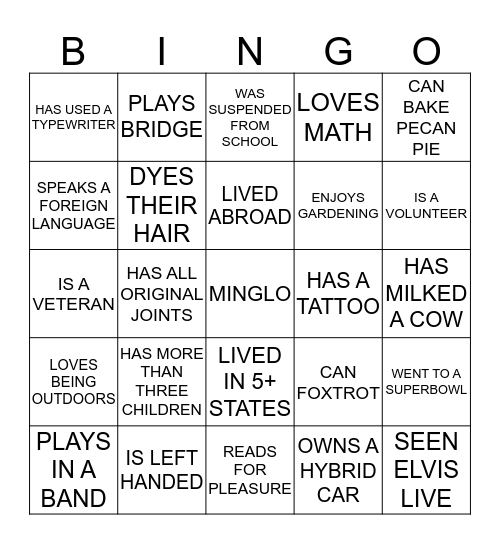 Mingle Bingo Card