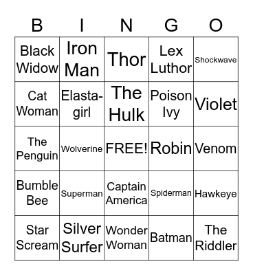 Super Hero Bingo Card