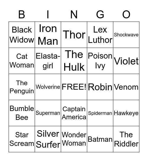 Super Hero Bingo Card
