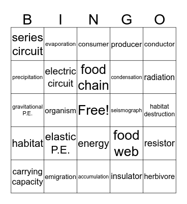 Science Vocabulary Bingo Card