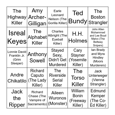 Serial Killer Bingo Card