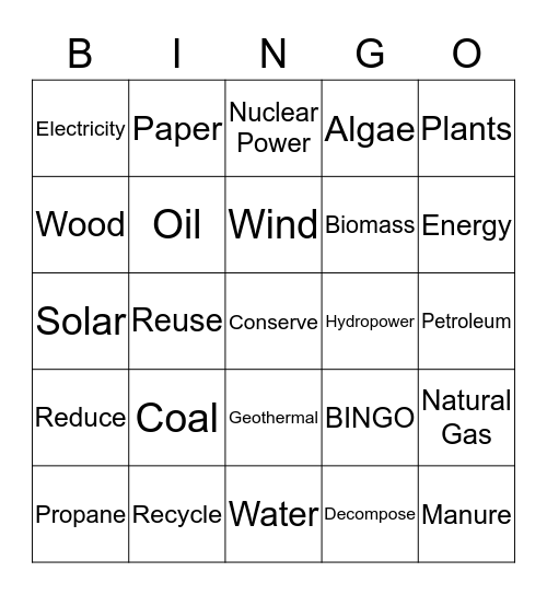 Renewable vs. Non Renewable  Bingo Card