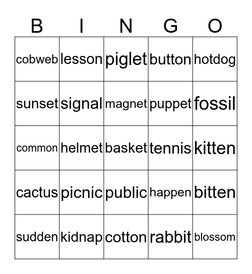 CVC-CVC Words Bingo Card