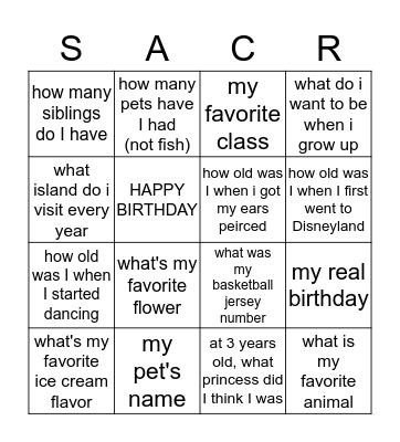 Birthday Bingo Card