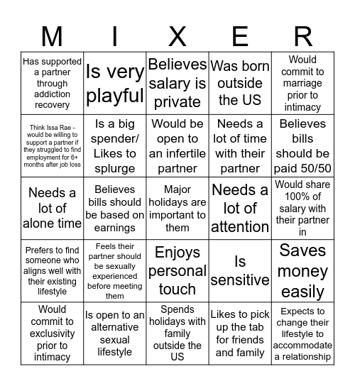 Mix and Mingle 6 Bingo Card