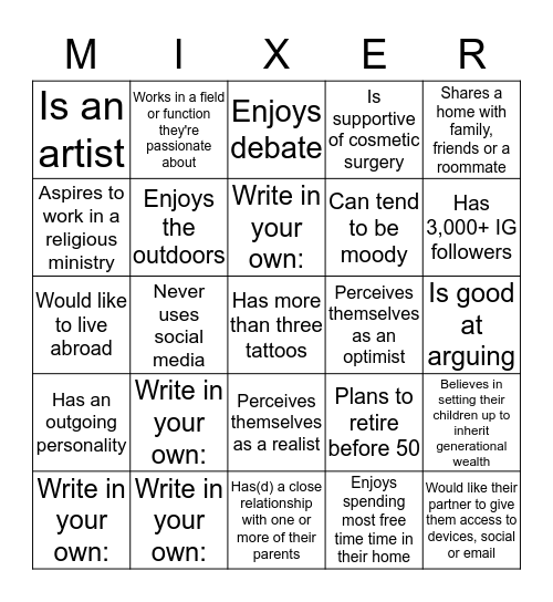 Mix and Mingle 7 Bingo Card