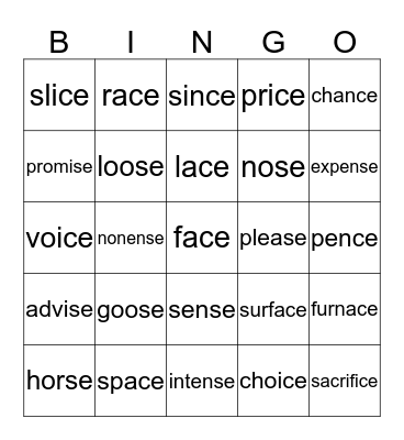Word Endings - ce/se Bingo Card