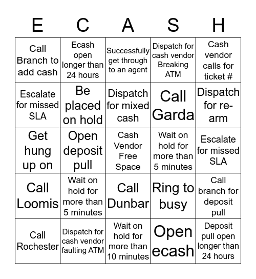 Cash Vendor Bingo Card