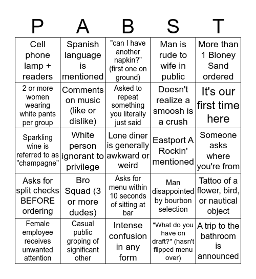 SOB SATURDAY Bingo Card