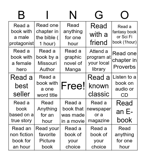 Willis Chapel AMEC Summer Reading Challenge Bingo Card
