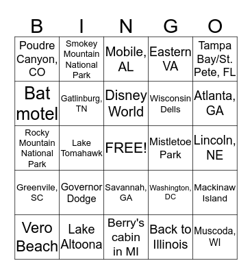 Blair Family Vacations Bingo Card